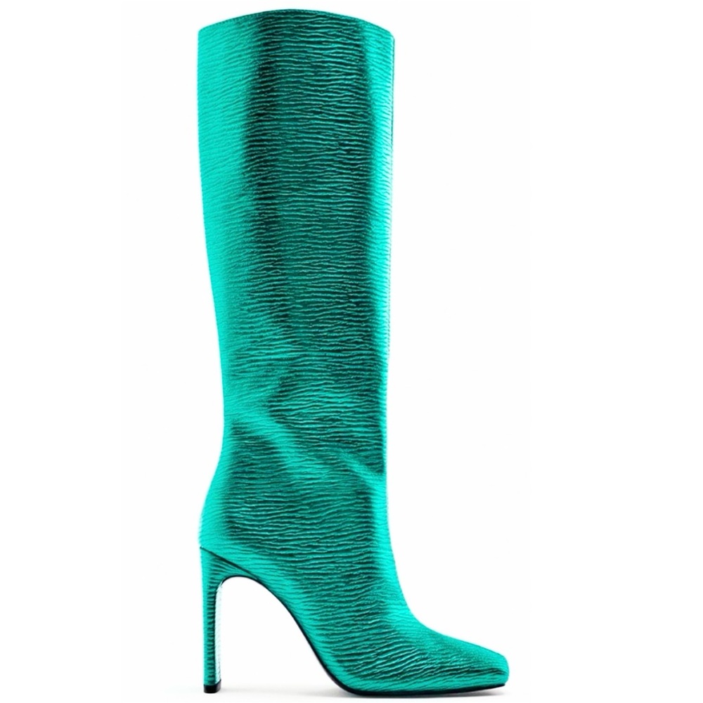 Zara Metallic teal Green Textured Knee High Boots 6.5 NWT